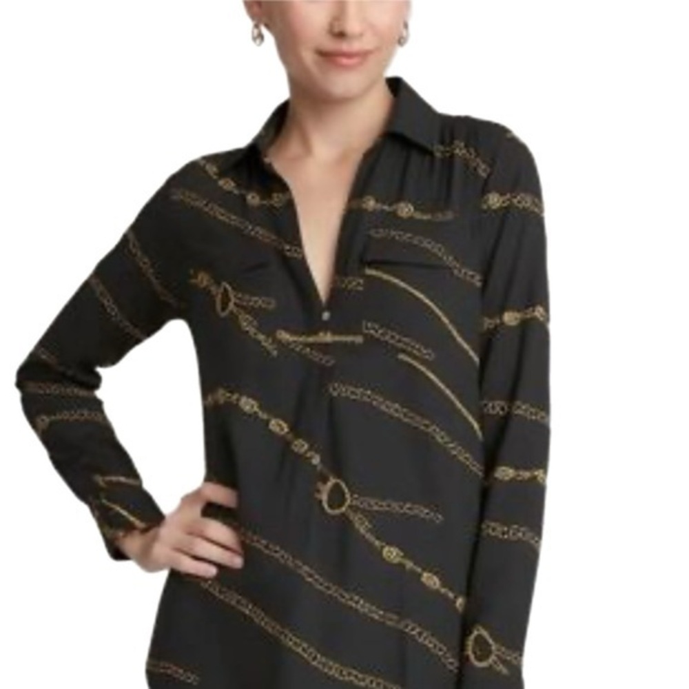 Ann Taylor | Black and Gold Chain Print Quarter Button Blouse - Picture 8 of 11